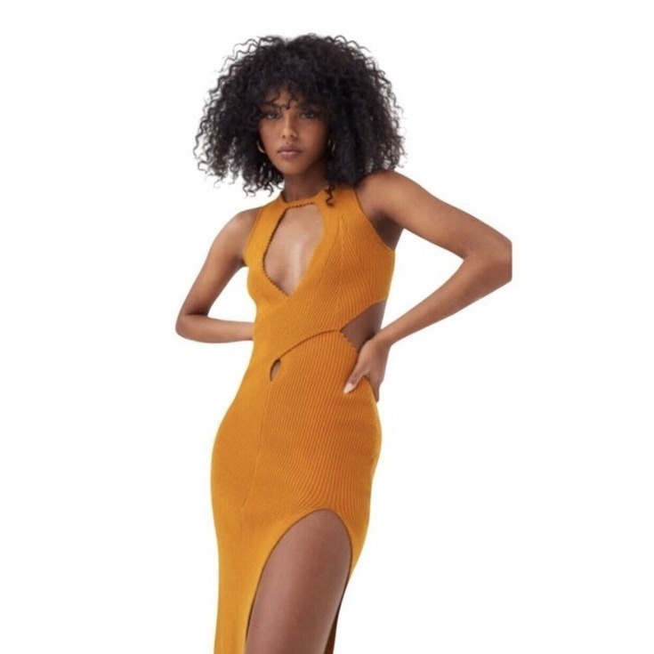 Nwt For Love And Lemons Gold Maggie Knit Cut Out Backless Midi Dress Women's M